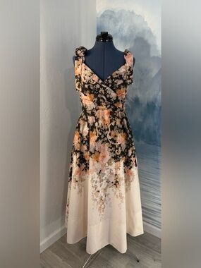 Floral Wrap Midi Dress in Black and Peach #404